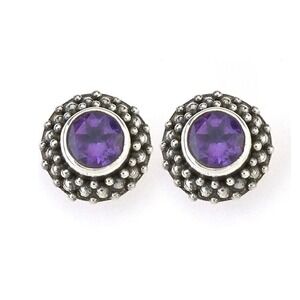 Samuel B. Sterling Silver Beaded Border Round Amethyst Stud Earrings, Silver NWT